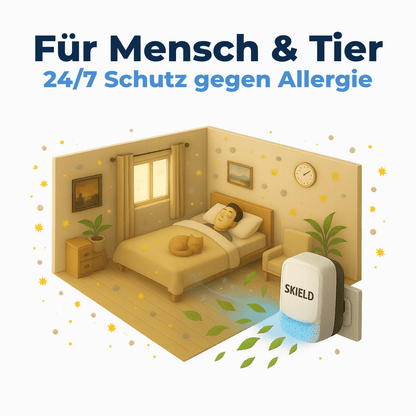 DustShield Luftreiniger auf dem Nachttisch – verbessert die Luft bei Pollen- und Stauballergie